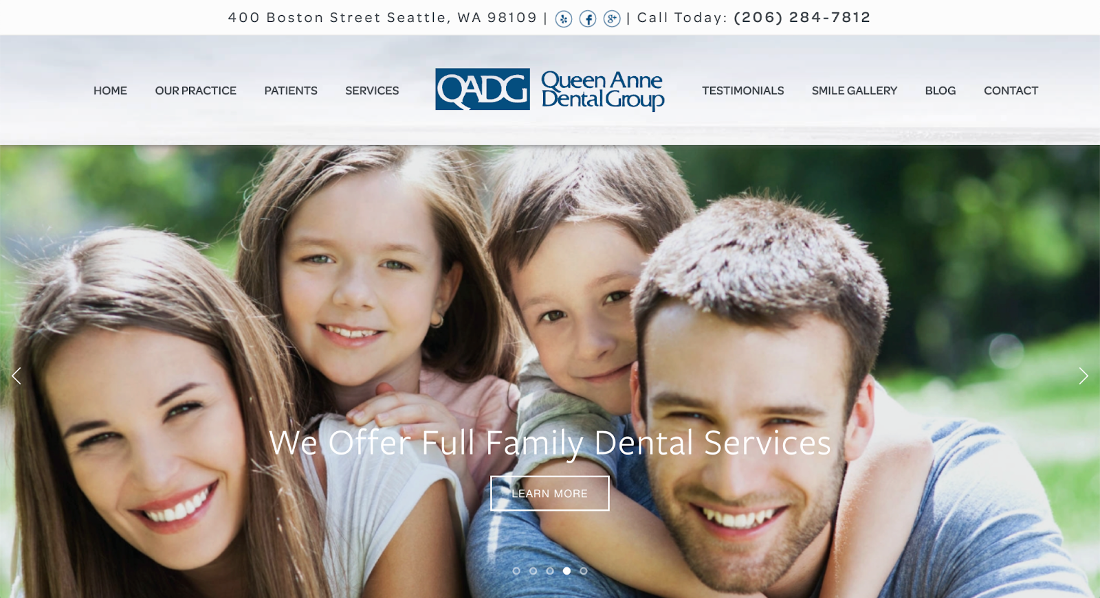 The Queen Anne Dental Group website offers inspiration for a classic website design for dental websites